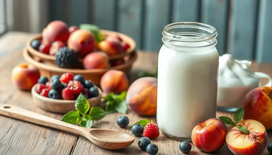 close-up of kefir drink in glass jar surrounded by fresh peaches, berries, mint, and wooden spoon on rustic wooden table