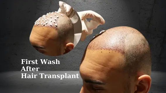 cold water hair rinse during first wash after hair transplant surgery with medical application and scalp view