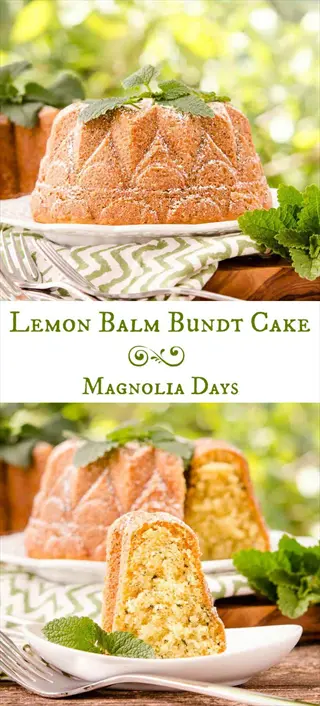 collage: whole lemon balm bundt cake with fresh mint garnish (top), sliced portion revealing crumb (bottom) - lemon balm dessert from magnolia days