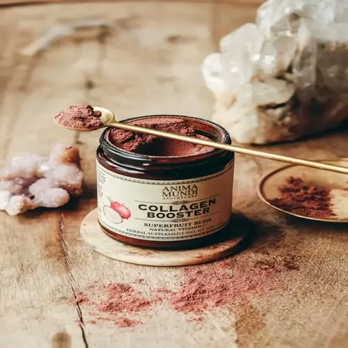 collagen foods for healthy skin: anima mundi collagen booster powder with gold spoon and crystals