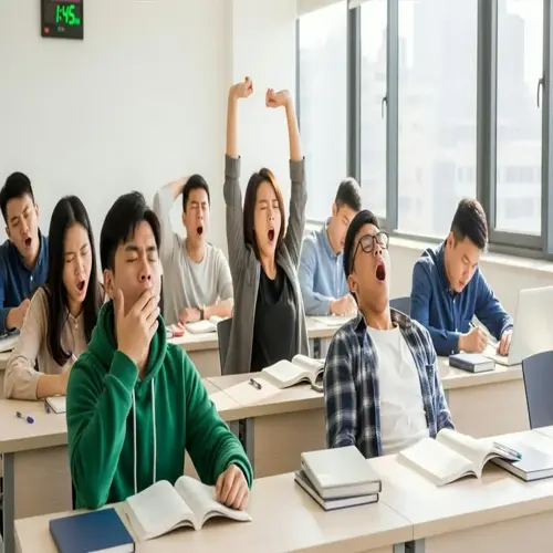 college students practicing deep breathing exercises through yawning and stretching in a sunlit classroom during a break, with open textbooks and a clock showing 1:45 pm