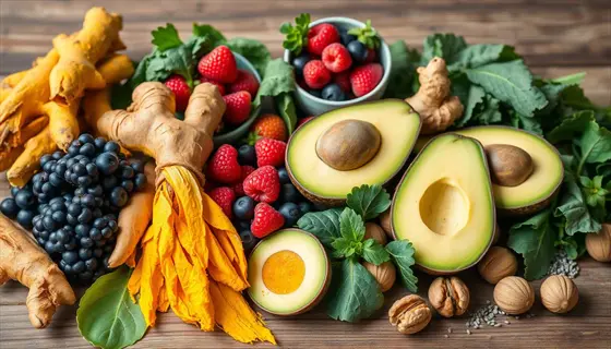 colorful anti-inflammatory foods bowl: berries, ginger, turmeric, avocado, walnuts and leafy greens on rustic wood