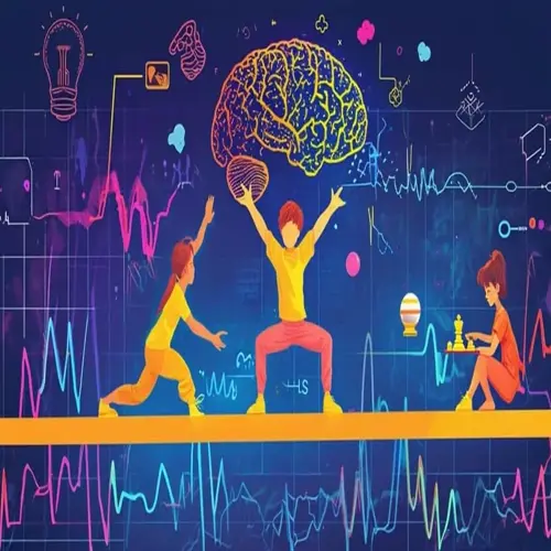 colorful illustration of three people engaging in brain health activities: yoga pose supporting a giant brain, collaborative reaching, and chess gameplay
