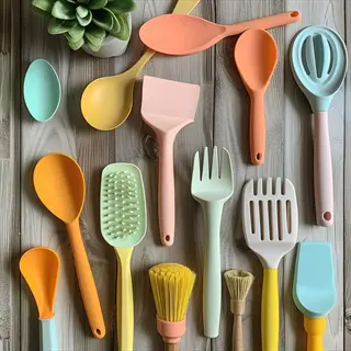 colorful silicone cooking utensils arranged on rustic wooden surface with potted plant