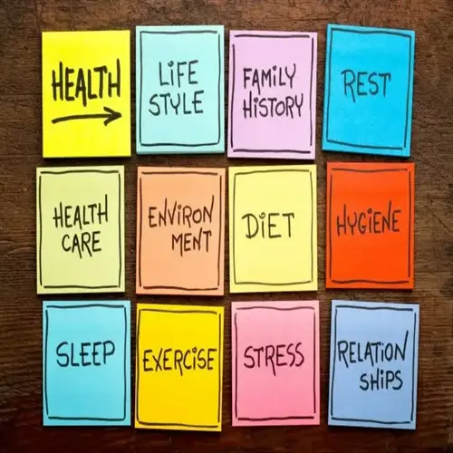 colorful sticky notes with words like health, lifestyle, diet, exercise, sleep, stress, and relationships, representing key factors in healthy lifestyle choices
