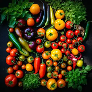colorful vegetable assortment featuring tomatoes, peppers, fresh herbs, and other produce on a dark background for food rotation