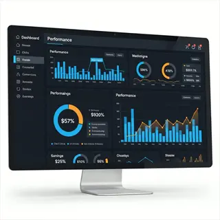 computer health dashboard on desktop monitor displaying performance metrics, charts, and kpis with dark-themed interface