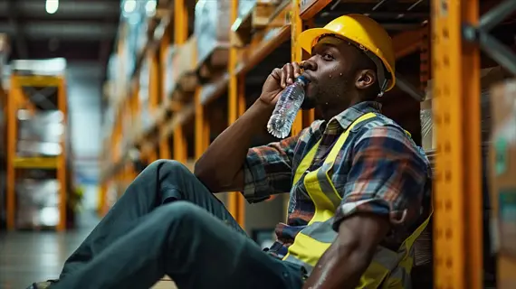 construction worker in hard hat and safety vest drinking water during warehouse break