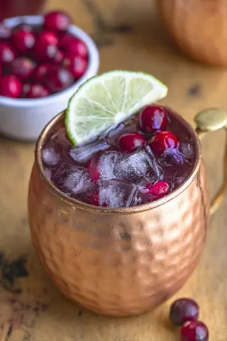 copper mug containing cranberry juice omega beverage with ice cubes, fresh cranberries and lime wedge; background bowl of cranberries on rustic wooden surface