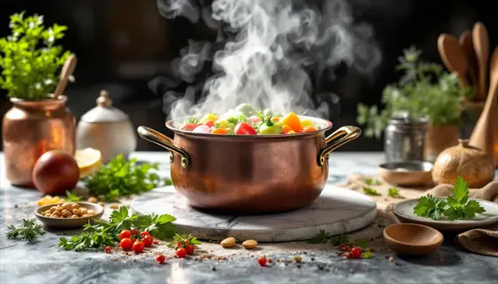 copper pot with steaming vegetables surrounded by fresh herbs, tomatoes, spices and cooking utensils on a kitchen counter, showcasing steaming as a healthy cooking method