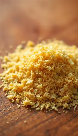 crumbly nutritional yeast crackers topping (savory yeast crackers style) on rustic wooden surface