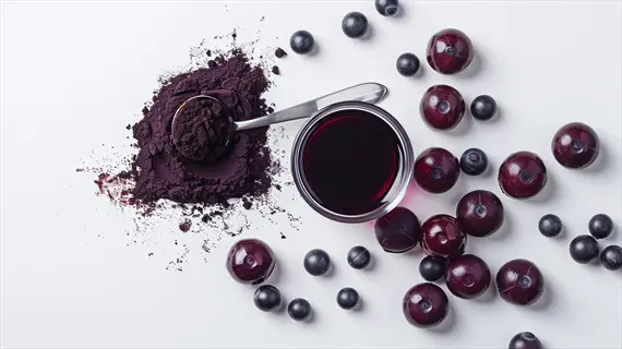 dark berries (rich in antioxidants) displayed as whole fruits, powder, and liquid on white background