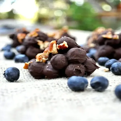 dark chocolate-covered blueberries clusters topped with pecans, surrounded by fresh blueberries on rustic burlap surface