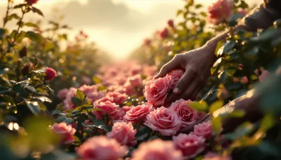 dawn rose harvest scene: hands picking pink roses in a misty garden at sunrise