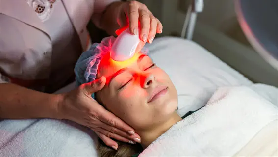 dermatology light device treatment: practitioner using red led device on patient's face during clinical skincare procedure - modern dermatology practice
