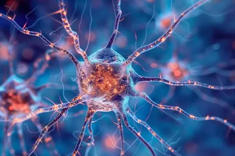 detailed 3d neuron (brain cell) with glowing dendritic branches and synaptic activity. illustrates neural signaling in the central nervous system