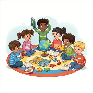 diverse children in a team storytelling circle with books, globe, and educational toys in a colorful classroom setting