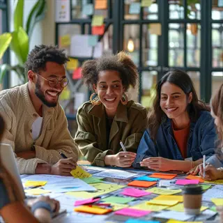 diverse team engaged in a creative brainstorming meeting with colorful sticky notes, markers and coffee in a modern office collaboration space