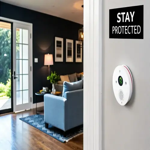 emf protection home setup featuring 'stay protected' sign and smart monitoring device in modern living room