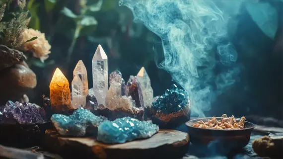 energy cleansing crystals arrangement with smoke, quartz points, and geodes in a lush green mystical setting for energetic purification