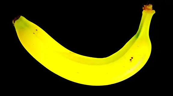 energy nutrition bananas: a single bright yellow banana with brown speckles and green-tipped stem isolated on black background