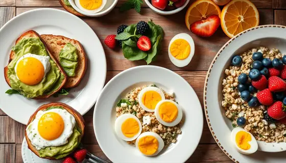 energy nutrition eggs in a vibrant breakfast spread: avocado toast with fried eggs, hard-boiled eggs on grains, and fresh berries on a wooden table