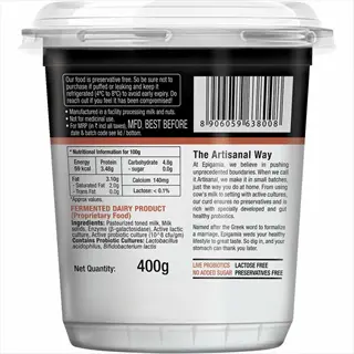 energy nutrition greek yogurt: 400g container with probiotic cultures, lactose-free, no added sugar, featuring nutritional values and ingredients list