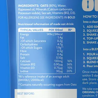energy nutrition oats: close-up of oat drink label showing ingredients (oats 80%), nutritional values per 100ml (141kj/34kcal), and preparation instructions