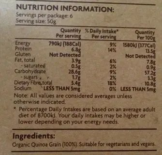 energy nutrition quinoa: organic quinoa grain label showing 790kj/188cal per 50g serving with full macronutrient table and ingredients list