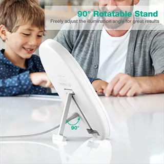 erligpowht light therapy lamp with 90° rotatable stand (adjustable illumination angle) in family setting with child and adult (faces visible) showing feature text