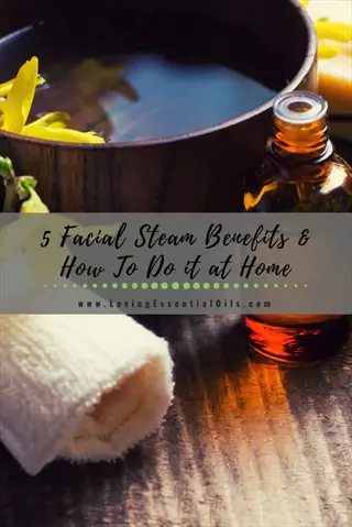 facial steam inhalation setup with essential oil bottle, yellow flowers, and rolled towel for congestion relief and skincare benefits