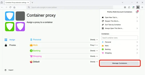 firefox browser displaying container proxy extension settings interface for managing multi-account containers and proxy assignments
