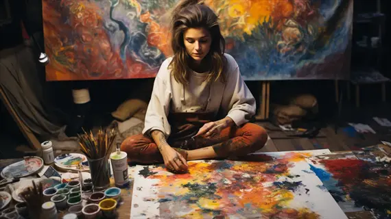 focused artist working in studio: woman painting vibrant abstract art with brushes and paints, embodying flow state activation through deep concentration