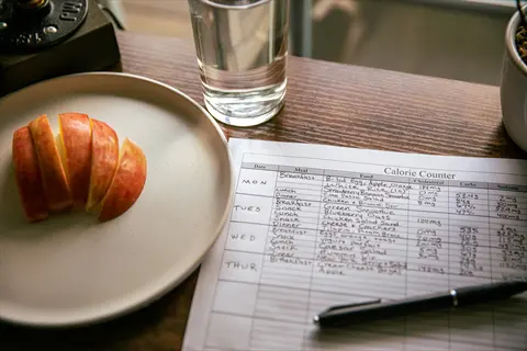 food journal writing: a calorie counter sheet with handwritten meal logs, a plate of apple slices, and a pen on a wooden table with water glass and plant
