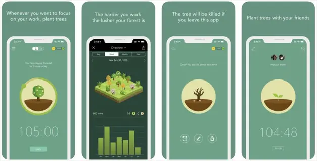 four smartphone screens showing forest app's detox features: focus timer, growing virtual trees, forest overview, and social tree planting - a specialized detox app interface