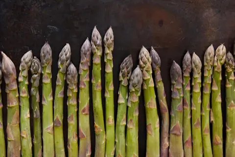 fresh asparagus spears with green stalks and brownish tips arranged in a row on dark rustic surface