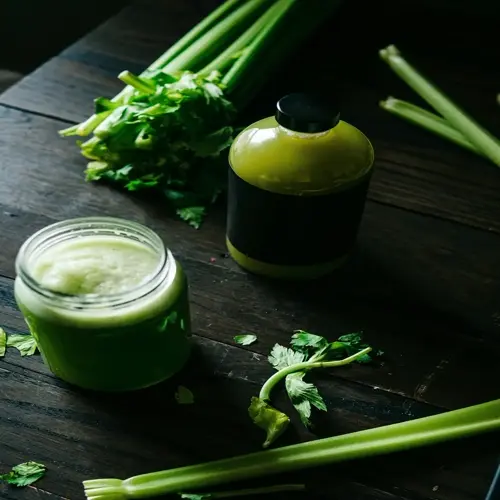 fresh celery juice in a glass jar and bottle with celery stalks on wooden table