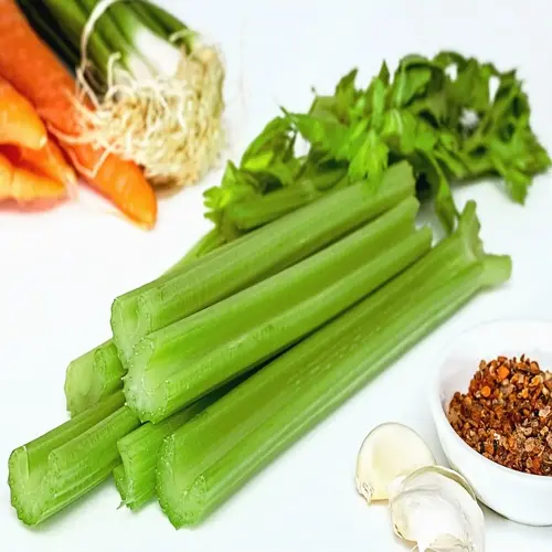 fresh celery stalks with carrots, green onions, garlic cloves, and spices; includes watermelon cucumber celery asparagus