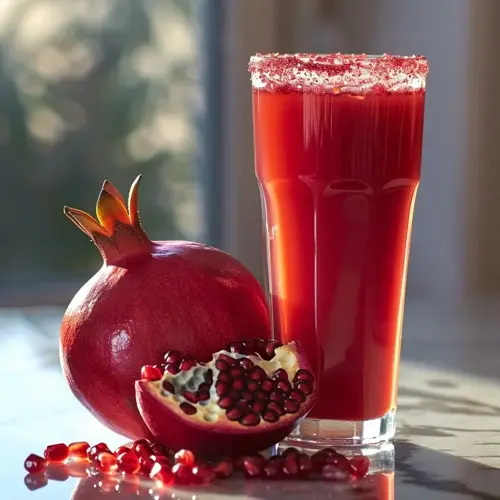 fresh pomegranate juice in a glass with whole fruit and arils on a marble surface