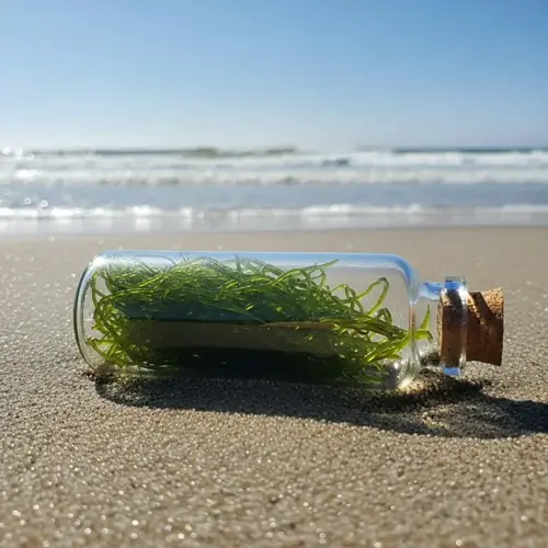fresh sea moss in a glass bottle on a sandy beach with ocean waves in the background