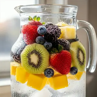 fruit infused water pitcher filled with strawberries, blueberries, blackberries, kiwi, and mango chunks, showcasing vibrant infused water benefits