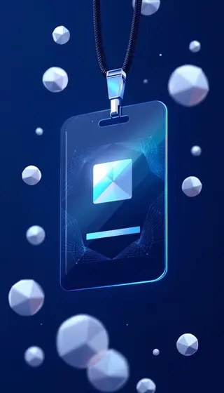futuristic hologram security label badge on lanyard with floating geometric particles - anti-counterfeit design