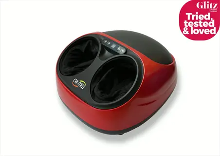 gintell red vibrating massage device for feet with 'glitz tried, tested & loved' endorsement badge