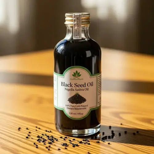 glass bottle of black seed oil with green-and-white label on wooden table, surrounded by scattered nigella sativa seeds