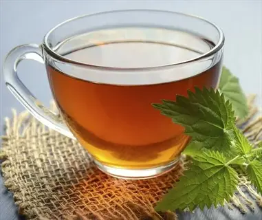 glass cup of rooibos tea rich in antioxidants with fresh green herb on burlap surface