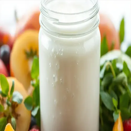 glass jar of kefir drink with condensation, surrounded by fresh fruits and greens