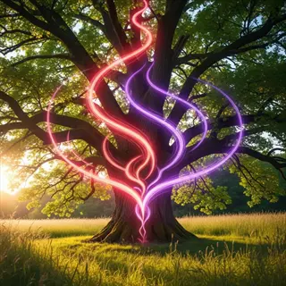 glowing pink-purple energy swirls around ancient oak tree in sunlit meadow, embodying loving kindness nature and serene spiritual connection