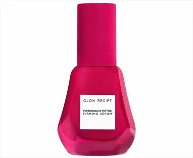 glowing skin pomegranate: glow recipe pomegranate peptide firming serum bottle with pink gradient design and product label