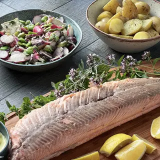 gourmet fish platter: whole roasted salmon with lemon slices, served with potato salad and fresh lemon balm garnish. lemon balm fish