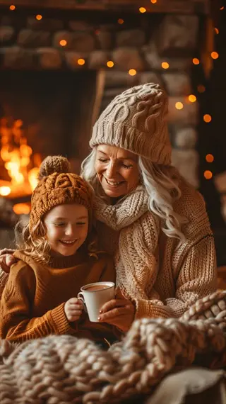 grandparent and child sharing warm drink by fireplace in cozy knitted winter wear with fairy lights